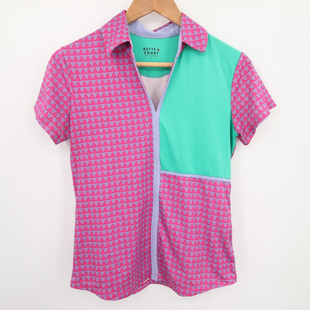 Bette & Court Shirt Purple Green Pattern Collared V Neck Golf Active Polo Small